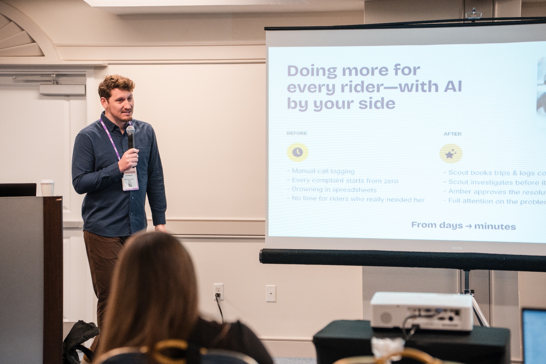 Pat Gregory presenting the 'Doing more for every rider—with AI by your side' before and after slide