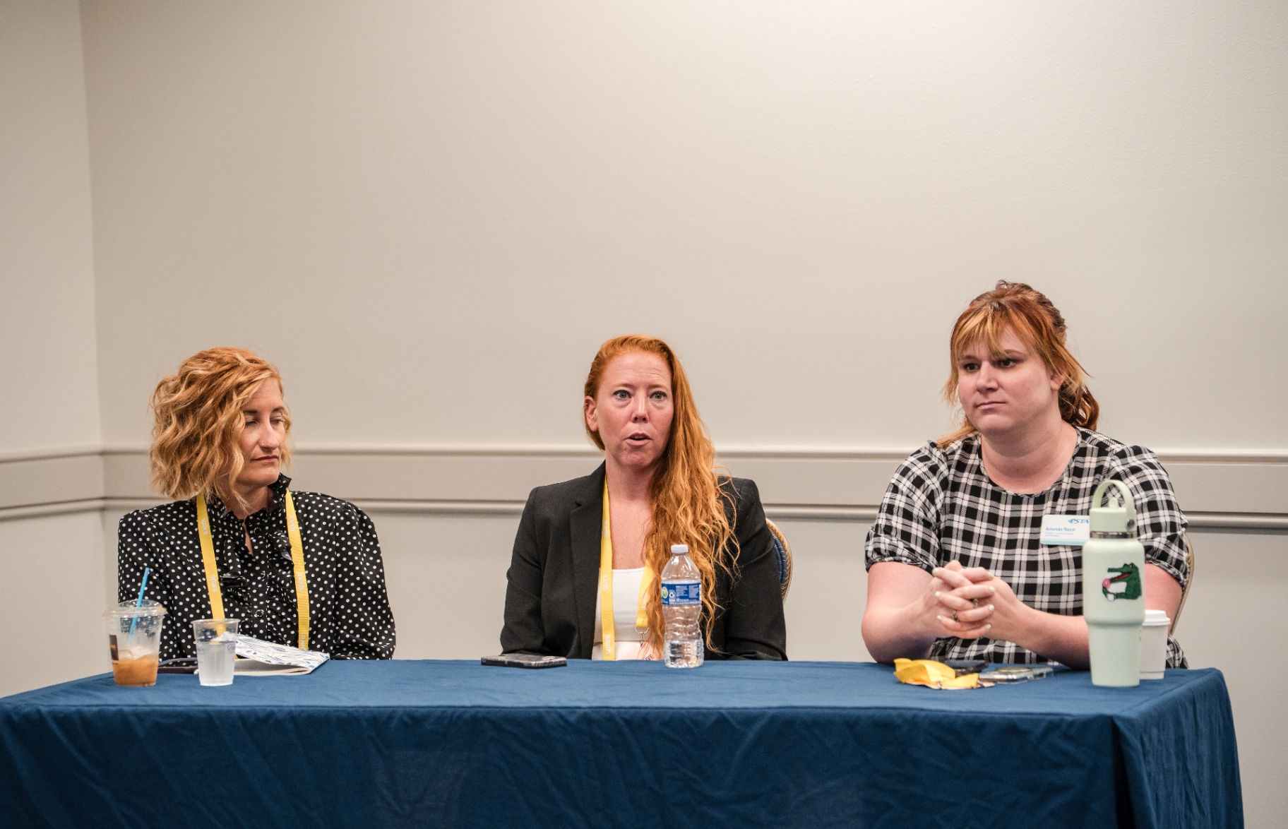 Panelist speaking while two others listen at the Day 1 panel table