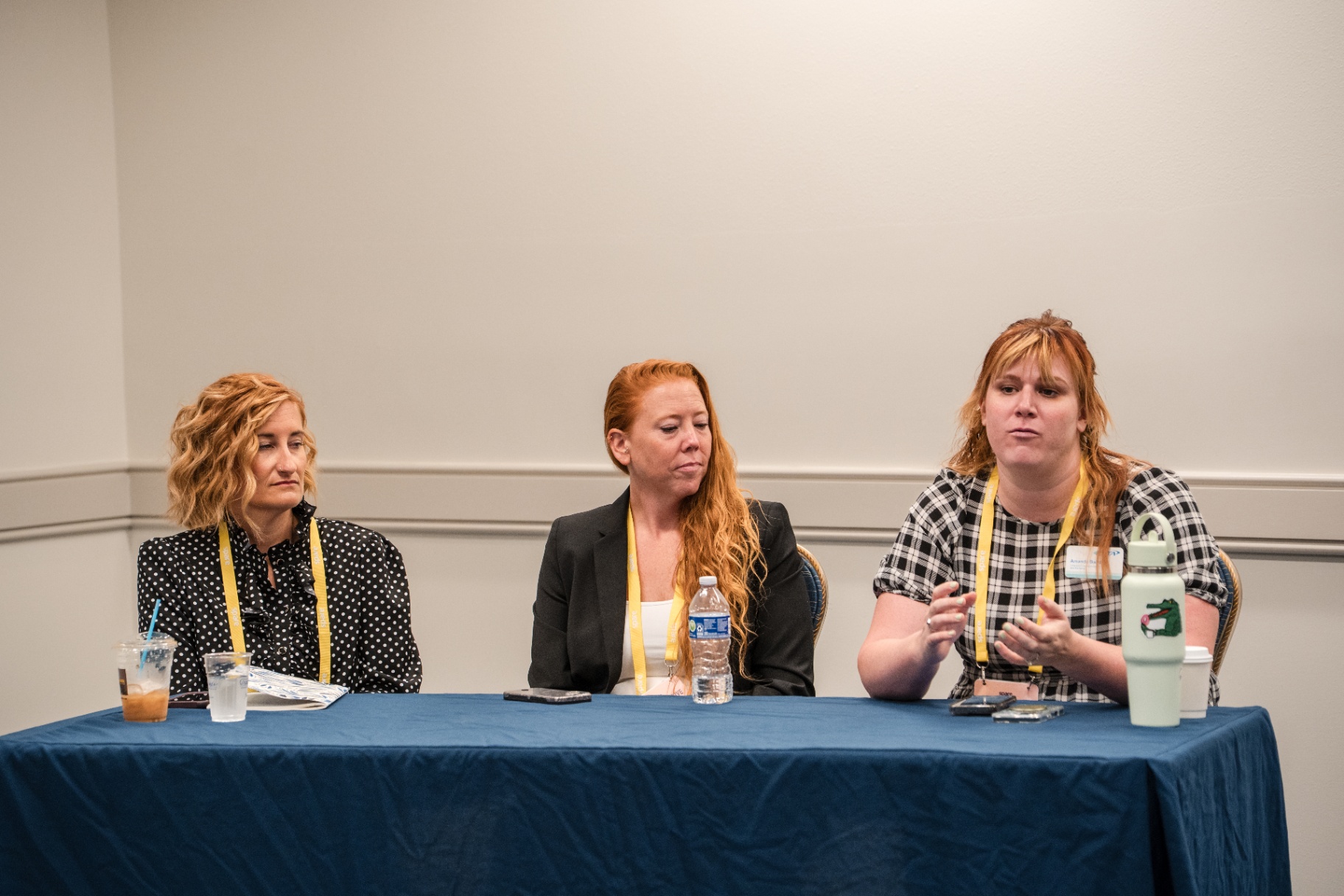 Three panelists seated at a blue-draped table during a Day 1 breakout